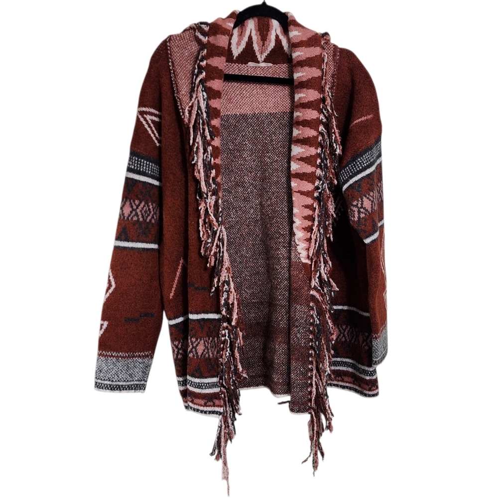 Open-Front Fringe Cardigan Sweater - Rust Pink Pattern - Picture 2 of 8